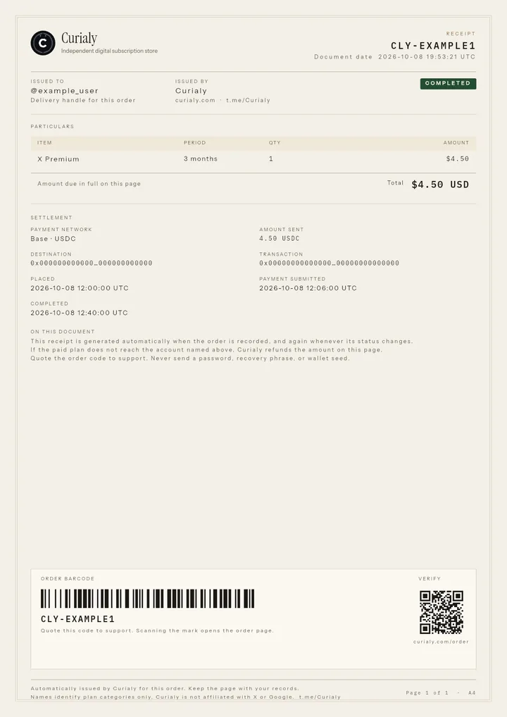 Sample Curialy receipt with example data: order code, X Premium 3 months, USDC payment and Completed status